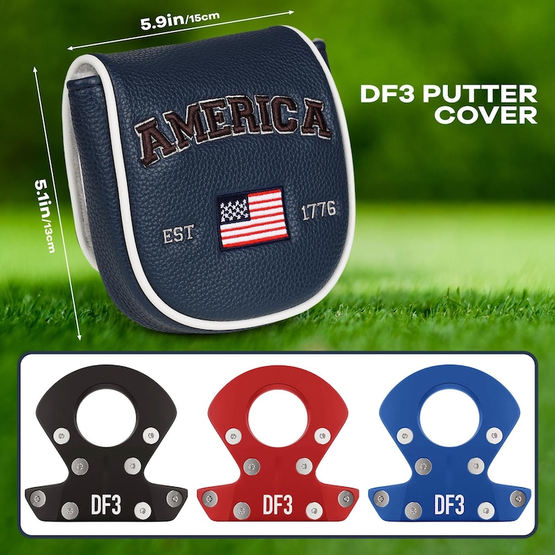 May include: A navy blue DF3 putter cover with white trim, featuring the embroidered text AMERICA, EST 1776, and a US flag. Dimensions are 5.9 inches by 5.1 inches. Below are three metal putter weights in black, red, and blue, each labeled DF3.