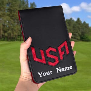 Portatarjetas de golf con bordado personalizado de EE. UU., nombre personalizado, cubierta para libro de yardas, regalo de Navidad, regalo de golf