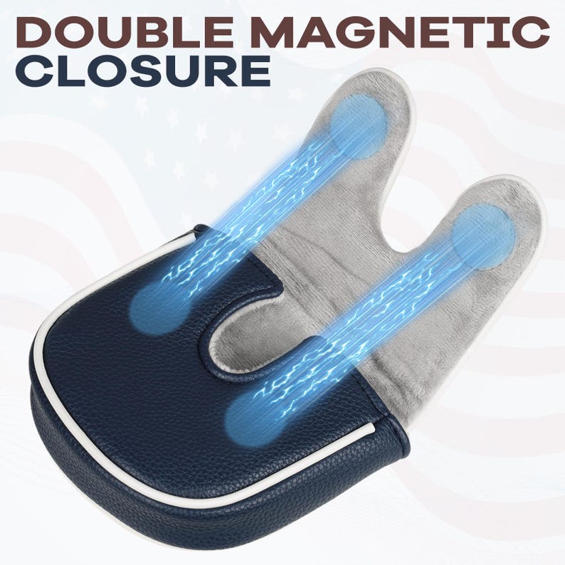 May include: A navy blue golf putter headcover with a white trim and a soft grey interior lining. The text DOUBLE MAGNETIC CLOSURE is displayed at the top. Two blue glowing magnetic connection points are visible on the interior flaps.