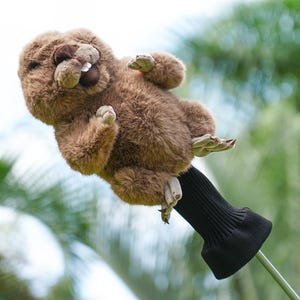 Puede incluir: Una funda para la cabeza del palo de golf con forma de castor marr&oacute;n de peluche. La funda presenta un castor sonriente con dientes blancos y peque&ntilde;as patas. La funda est&aacute; unida a una funda de punto negra y a un eje de palo de golf plateado. El fondo es follaje verde borroso.