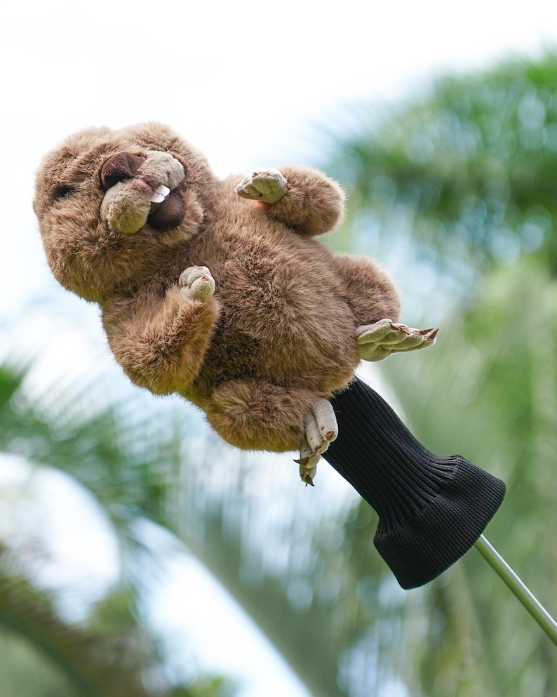 Puede incluir: Una funda para la cabeza del palo de golf con forma de castor marr&oacute;n de peluche. La funda presenta un castor sonriente con dientes blancos y peque&ntilde;as patas. La funda est&aacute; unida a una funda de punto negra y a un eje de palo de golf plateado. El fondo es follaje verde borroso.