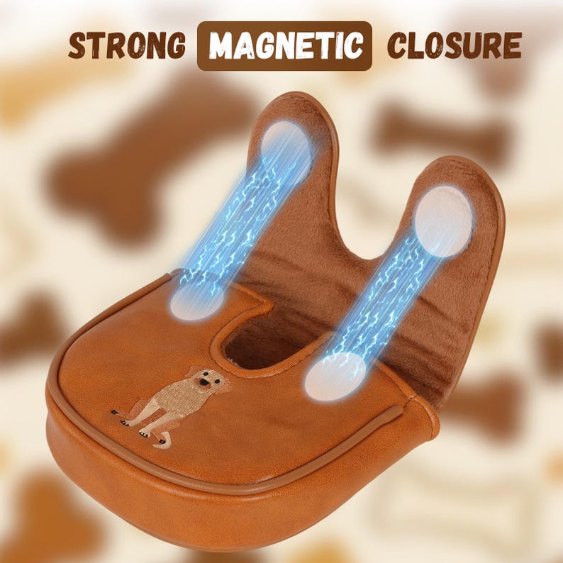 Puede incluir: Una bolsa marr&oacute;n para golosinas para mascotas con cierre magn&eacute;tico, con un dise&ntilde;o de perro bordado. La bolsa tiene forma de U y tiene las palabras "STRONG MAGNETIC CLOSURE" en la parte superior.