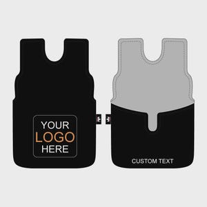 May include: Two black car seat covers with a unique shape. One features the text "YOUR LOGO HERE" in a square, while the other has "CUSTOM TEXT" at the bottom. Both have a gray interior and a small tag with a crown symbol.