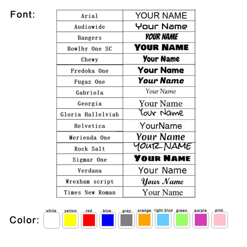 May include: A table showcasing different font styles, each demonstrating the text "YOUR NAME". Fonts include Arial, Audiowide, Bangers, Bowlby One SC, Chewy, Fredoka One, Fugaz One, Gabriola, Georgia, Gloria Hallelviah, Helvetica, Merienda One, Rock Salt, Sigmar One, Verdana, Wrexham script, and Times New Roman. Colour swatches are also present.