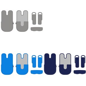 May include: A selection of minimalist cases and accessories in various colours. The designs include a U-shaped case, a smaller case, and two cylindrical accessories, in shades of grey, blue, and navy.