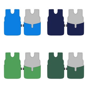 May include: A collection of four pairs of car floor mats in various colors. The mats are in blue, navy, green, and dark green, each paired with a gray mat. The mats have a unique shape with a curved top and a pocket-like design.