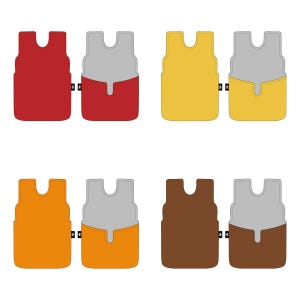 May include: A collection of eight car floor mats in various colors, including red, yellow, orange, and brown. Each mat has a two-tone design with a gray upper section and a colored lower section. The mats are displayed against a white background.
