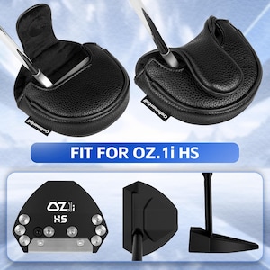 Może przedstawiać: Czarne sk&oacute;rzane pokrowce na głowę puttera golfowego z napisem "Craftsman Golf". Pokrowce są pokazane z włożonymi kijami golfowymi. Obraz przedstawia r&oacute;wnież czarny putter golfowy i tekst "FIT FOR OZ.1i HS".