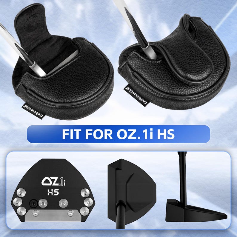 Może przedstawiać: Czarne sk&oacute;rzane pokrowce na głowę puttera golfowego z napisem "Craftsman Golf". Pokrowce są pokazane z włożonymi kijami golfowymi. Obraz przedstawia r&oacute;wnież czarny putter golfowy i tekst "FIT FOR OZ.1i HS".