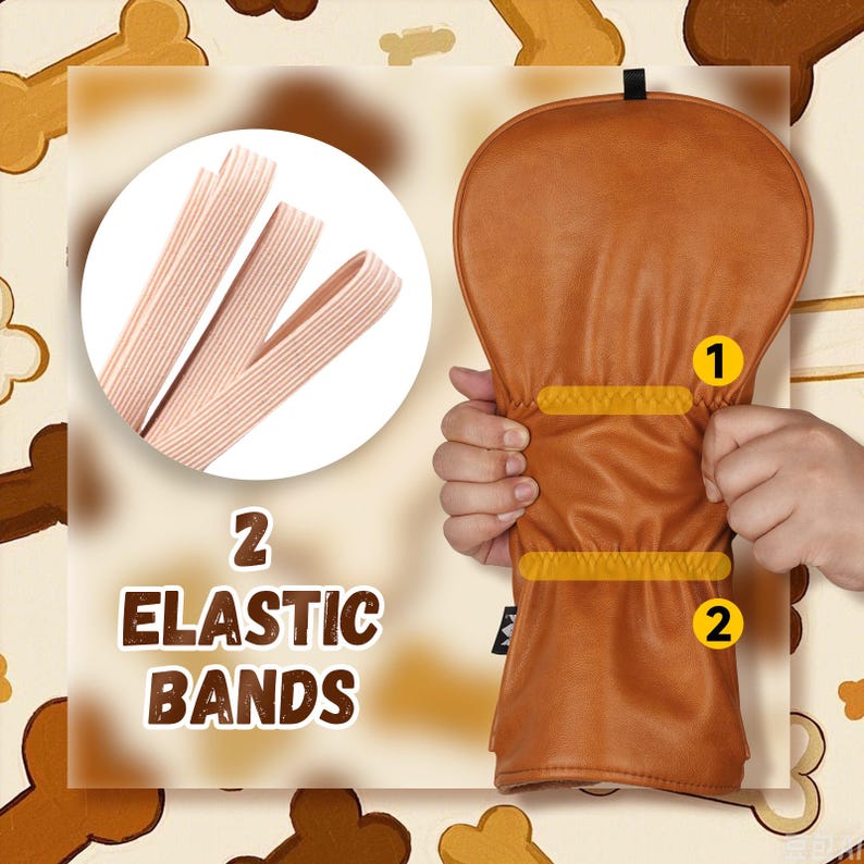 Puede incluir: Una funda marr&oacute;n para la cabeza del palo de golf con dos bandas el&aacute;sticas amarillas. La imagen tambi&eacute;n muestra dos bandas el&aacute;sticas y el texto "2 Elastic Bands".