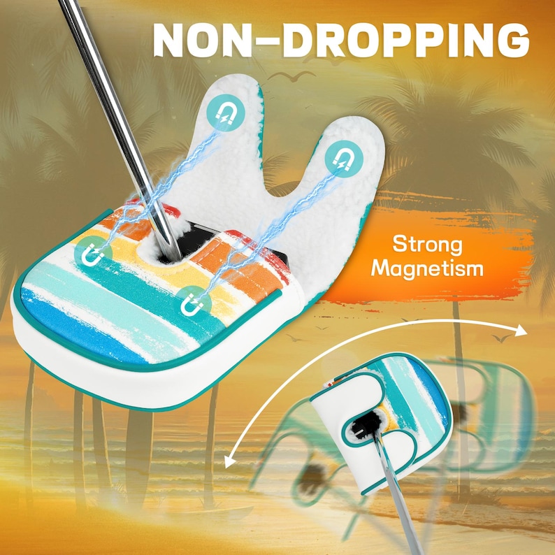 May include: A golf club putter head with a colorful striped design in blue, orange, and yellow. The putter head has a white border and a soft, white interior. The image includes the text "NON-DROPPING" and "Strong Magnetism".