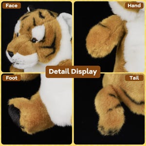 Puede incluir: Un peluche de tigre detallado. El juguete presenta un patr&oacute;n de rayas marrones y blancas, con una cara, patas y cola detalladas. La imagen es un primer plano, que destaca la textura y el dise&ntilde;o del juguete. Es un art&iacute;culo suave y tierno.