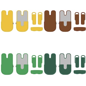 May include: A selection of stylised phone cases and accessories in various colours. The cases are U-shaped and come in yellow, brown, green, and dark green. Accessories include straps and small rectangular items.