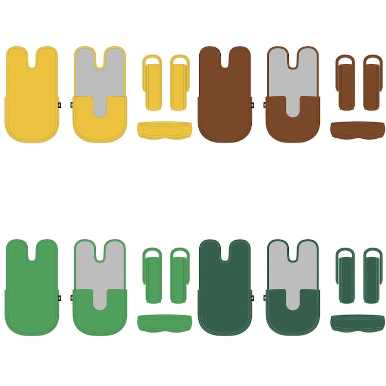 May include: A selection of stylised phone cases and accessories in various colours. The cases are U-shaped and come in yellow, brown, green, and dark green. Accessories include straps and small rectangular items.