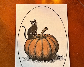 Cat Sitting On Pumpkin Cottagecore Vintage Halloween Print On White Silkweave Linen Textured Paper