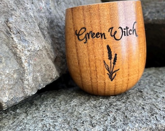 Green Witch Engraved Wooden Drinking Cup