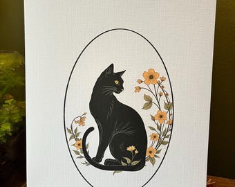 Cottagecore Black Cat A4 Botanical Print On White Silkweave Linen Textured Paper