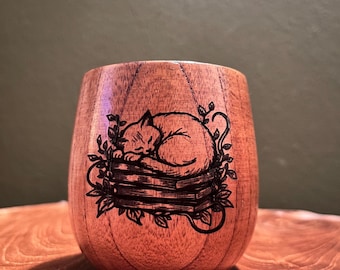 Cat Sleeping On Books Design Engraved Wooden Drinking Cup