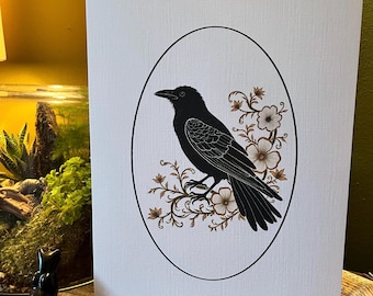 Cottagecore Crow A4 Botanical Print On White Silkweave Linen Textured Paper