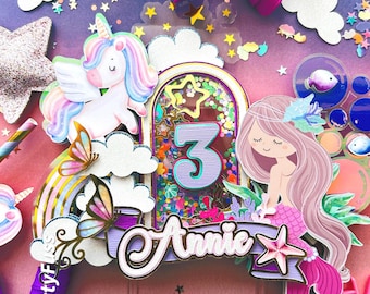 Unicorn Mermaid Cake Topper: Glitter Shaker, Rainbow Party Decor
