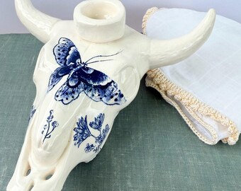 Handmade Ceramic Longhorn Skull Candle Holder – Blue Butterfly Decor