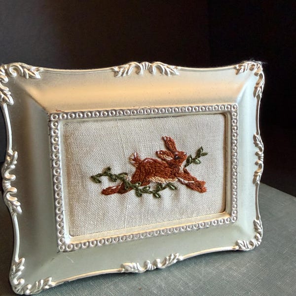 Hand Embroidered Rabbit Art in Small Frame