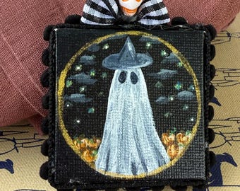 Mini Ghost Painting, Original Spooky Halloween Art (2x2 inch)