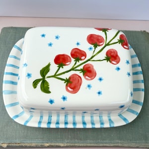 Hand Painted Butter Dish Tomato Design Ceramic Butter Keeper 4x5&quot; Butter Dish Hand Illustrated Kitchen Decor Gift