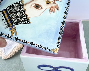 Hand Illustrated Victorian Ceramic Trinket Box, Square Jewelry Keepsake