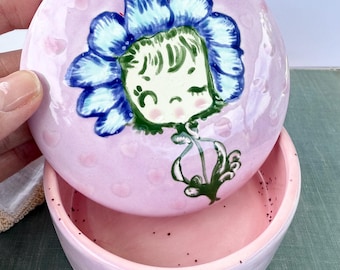 Hand Illustrated Flower Girl Ceramic Trinket Box, 4" Decorative Keepsake Box