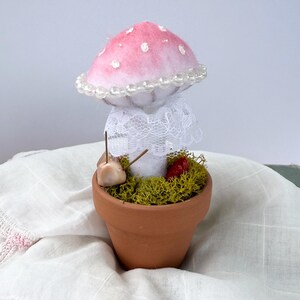 Handmade Mushroom Decor in Mini Terracotta Pot – Kawaii Pink Toadstool with Snail, Fairy Garden Decor, Cottagecore Mushroom Art