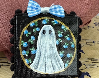 Mini Ghost Painting, Original Spooky Halloween Art (2x2 inch)