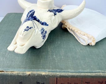 Handmade Ceramic Longhorn Skull Candle Holder – Blue Butterfly Decor