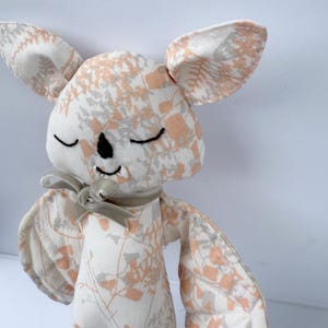 Handmade Fabric Bat Plush – Soft Woodland Bat Doll, Stuffed Animal Toy, Heirloom Plush Bat with Velvet Bow, Neutral Baby Shower Gift