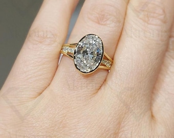 3.30 CT Oval Lab Grown Diamond Engagement Ring: Split Band, Silver or Gold