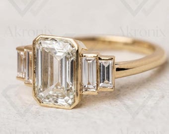 Emerald Cut Lab Grown Diamond Engagement Ring: Five Stone Bezel, IGI Certified