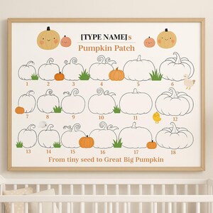 Może przedstawiać: Oprawiony wydruk ścienny zatytułowany [TYPE NAME]’s Pumpkin Patch, przedstawiający osiemnaście ponumerowanych konturów dyń, ilustracje małych pomarańczowych dyń, zieloną trawę, kurczaka oraz tekst From tiny seed to Great Big Pumpkin.