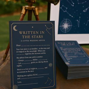 Tarjetas de consejos para bodas "Escrito en las estrellas" – Alternativa al libro de visitas celestial – Juego de boda en el cielo nocturno – Completa el espacio en blanco (10–100 unidades)