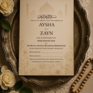 Elegancki certyfikat Nikkah/Nikah z sylwetką meczetu | Pamiątka ślubu islamskiego | Miękki beż i czerwone kwiaty | Edytowalny ślub muzułmański