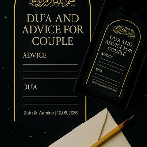 Islamitische doe'a en advieskaarten voor moslimbruiloft | Zwarte en gouden Nikkah-gunsten | Op maat gemaakte bulk