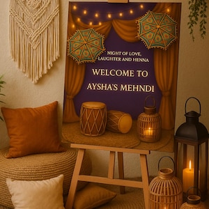 Luxury Mehndi Welcome Sign: Royal Purple Desi Wedding Decor (Digital Download)