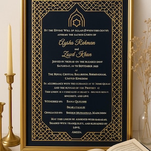 Luxus Nikkah Zertifikatsvorlage | Schwarz & Gold Islamischer Ehevertrag | Bearbeitbares muslimisches Hochzeitsandenken | Leinwand Download