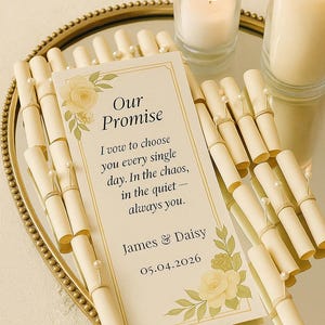 Elegante pergamino de promesa de boda / Pergamino de promesa crema y dorado / Recuerdo romántico para invitados / Tarjeta de promesa floral / 10-100 unidades