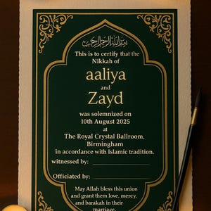 Certificat islamique de luxe Nikkah | Certificat numérique modifiable Nikah | Souvenir de mariage musulman | Élégant doré et vert à imprimer