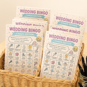 Cartes de bingo amusantes pour mariage – édition Chaos | Cartes de jeu de réception pour invités | Lots imprimables ou physiques (10 à 100 pièces)