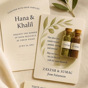 Può includere: Invito di nozze con i nomi Hana & Khalil e la data 24 giugno 2023. L'invito include un biglietto con due piccoli vasetti di vetro di spezie Za'atar e Sumac, e il testo "Taste of Falasteen Duo."