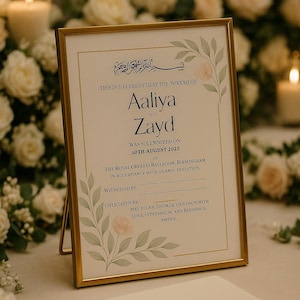 Certificato Nikkah/Nikah moderno / Matrimonio islamico minimalista stampabile / Ricordo di matrimonio musulmano blu navy e salvia / Modello Canva modificabile