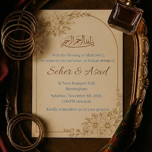 Nikkah Einladung Vorlage Gold Floral | Muslimische Hochzeit einladen | Islamische Ehekarte Bearbeitbare Canva | Arabisch Kalligraphie Design