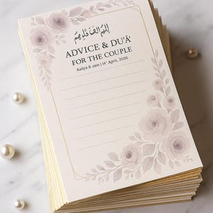 Islamischer Rat & Du'a Karte • Florale muslimische Hochzeitsbevorzugung • Nikkah Gastaktivität • Individuell bedruckte Namensandenken • Weiches Pastell Design