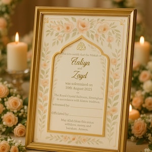 Certyfikat Nikkah/Nikah w kolorze różowego kwiatu | Edytowalna pamiątka ślubu islamskiego | Dokument Nikah ze złotym łukiem | Muzułmański certyfikat małżeństwa w formacie PDF